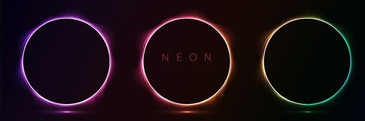 Set of glowing neon color circles round curve shape with wavy dynamic lines isolated on black background technology concept. Circular light frame border for badges, price tag, label cards, logo design - obrazy, fototapety, plakaty