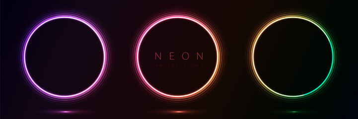 Set of glowing neon color circles round curve shape with wavy dynamic lines isolated on black background technology concept. Circular light frame border for badges, price tag, label cards, logo design