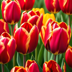 Obraz premium Field of red tulips, close-up