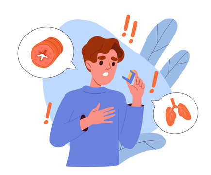 Boy with asthma concept. Kid with inhalator. Bronchial asthma and respiratory tract diseases. Health care and medicine. Young guy try to take breath. Cartoon flat vector illustration