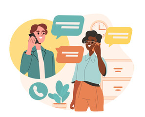 Business call concept. Man and woman communicate buy mobile phones. Partners and colleagues. Cooperation and collaboration. Teamwork and partnership. Cartoon flat vector illustration