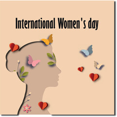 International Women's Day paper cut banner of woman head with flowers, hearts and butterfly beige background. Female silhouette poster.