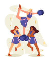Cheerleading team concept. Women in blue dresses and tshirts. Beautiful dancers with accessories perform at sportive event. Cartoon flat vector illustration isolated on white background