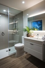 Fototapeta na wymiar Modern bathroom interior with large shower and vanity