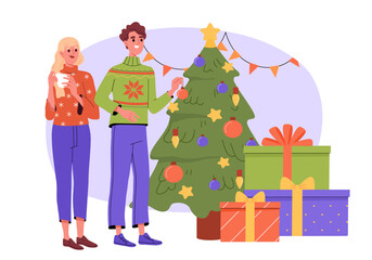 Fototapeta premium Christmas tree decoration concept. Man and woman with toys and gift boxes. New Year and wnter holidays celebration. Young couple in Noel Eve. Comfort and coziness. Cartoon flat vector illustration