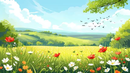 Fototapeten Vector illustration of beautiful summer fields landscape with a dawn, green hills, bright color blue sky, country background in flat cartoon style banner © Orxan
