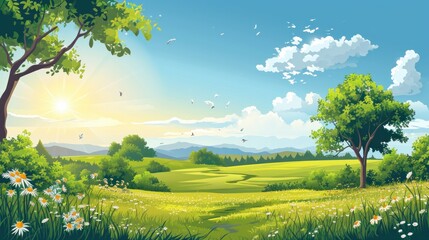 Vector illustration of beautiful summer fields landscape with a dawn, green hills, bright color blue sky, country background in flat cartoon style banner