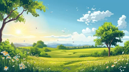 Plexiglas foto achterwand Vector illustration of beautiful summer fields landscape with a dawn, green hills, bright color blue sky, country background in flat cartoon style banner © Orxan
