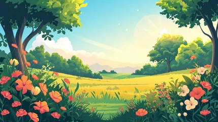 Schilderijen op glas Vector illustration of beautiful summer fields landscape with a dawn, green hills, bright color blue sky, country background in flat cartoon style banner © Orxan