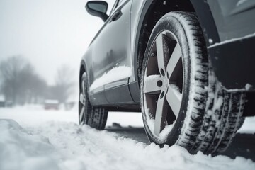 Car wheels trapped in excessive snow, a close-up view after a strong snowfall and snow cyclone. Generative AI