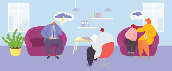 Three people in a counseling session indoors. Depressed man and woman talking to a therapist, expressing sadness. Mental health support and therapy session vector illustration.