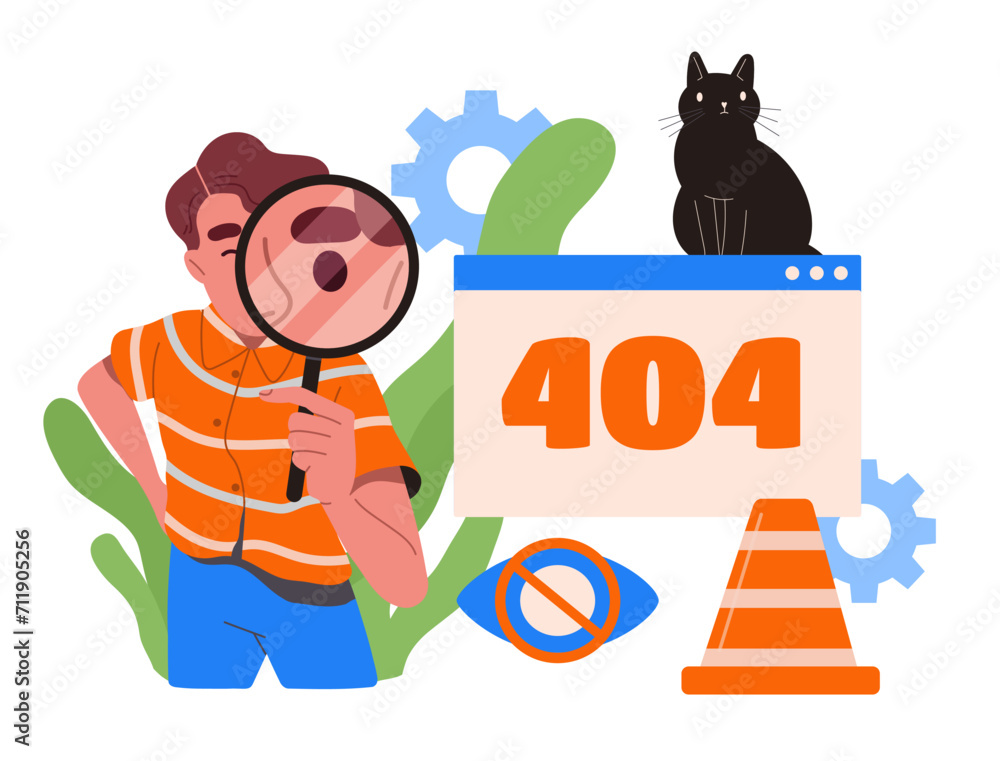 Poster computer error concept. man with magnifying glass search bugs at pc. page not found. wrong address a