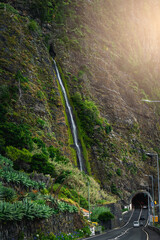 Amazing waterfall Agua d'Alto in Sao Vicente on the island Madeira, Portugal. The waterfall is one...