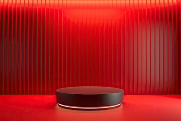 Pedestal of platform display with modern stand podium on red room background - generative ai