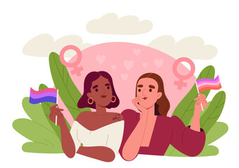 Couple of lgbt girls concept. Women with rainbow flag in hands. Unity, tolerance and equality. Month of pride. Activists and volunteers. Lesbian love. Cartoon flat vector illustration