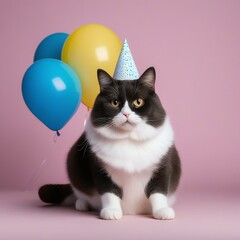 Grumpy Birthday Cat: Studio Photo of Adorable Fat Cat Wearing a Birthday Hat, Surrounded by Balloon Decorations, Funny and Cute