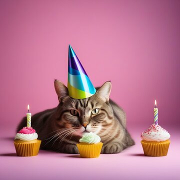 Serious Birthday Cat: Studio Photo of Adorable Fat Cat Lying Down, Staring at a Cupcake