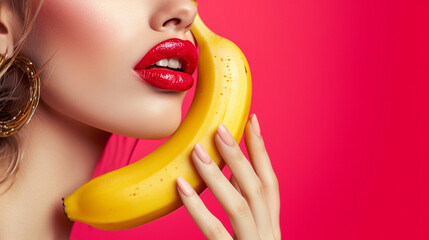 Seductive woman with red lips holding banana on red background.