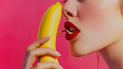 Seductive woman with red lips holding banana on red background. - obrazy, fototapety, plakaty