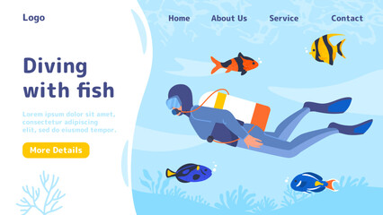 Diving with fish poster. Scubba diver with oxygen near marine dwelllers. Underwater in sea or ocean exploring. Flora and fauna. Landing page design. Cartoon flat vector illustration