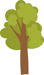 Cartoon green tree with thick brown trunk and dense foliage. Simplified nature design, summer or spring concept. Environmental and nature theme vector illustration.