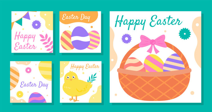 Happy Easter posters set. Basket with colorful eggs and yellow chicken. Traditional religious spring holiday and festival. Cartoon flat vector collection isolated on green background