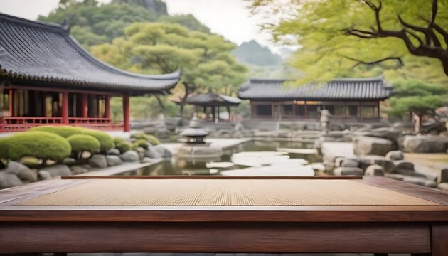 Empty wood table top and a blurred Chinese zen garden with ancient temple in the background, for displaying or mounting your products generative ai