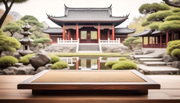 Empty wood table top and a blurred Chinese zen garden with ancient temple in the background, for displaying or mounting your products generative ai