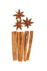Cinnamon sticks and star anise on a white background