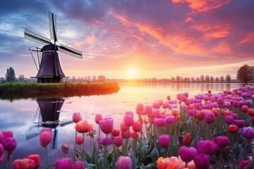 Enchanting fairyland with picturesque windmills and tulips in Kinderdijk, Netherlands during sunrise. Generative AI