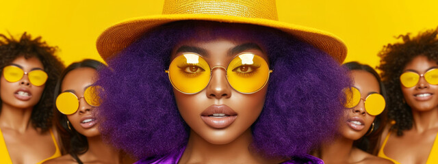 Vibrant Fusion, A Captivating Woman With Majestic Purple Hair and Electric Yellow Glasses