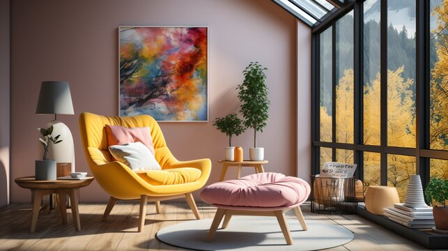 Modern living room interior with a large window and a colorful painting
