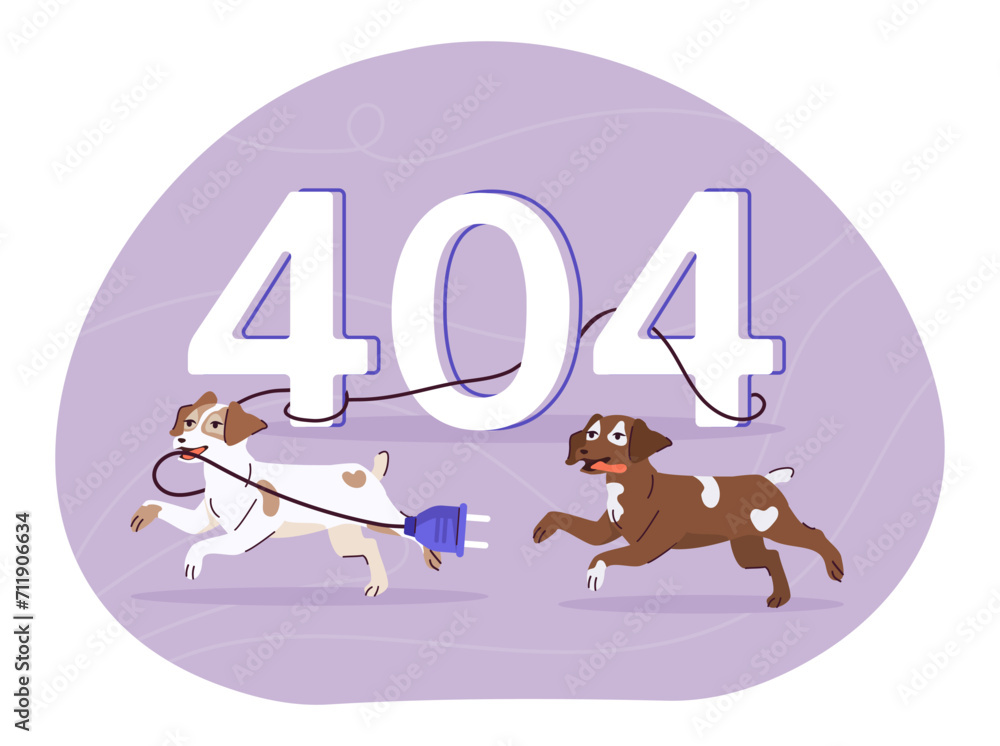 Poster error 404 with dogs. page not found. troubles at website. broken link and technical problems. banner