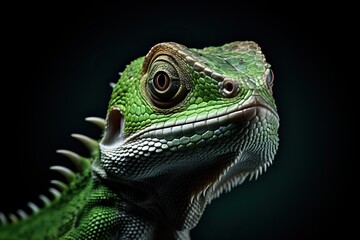 Obraz premium Portrait of a green iguana on a black background.