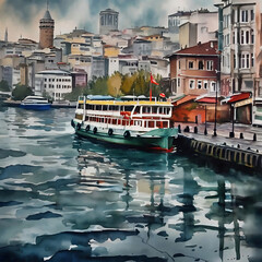 Fototapeta na wymiar Panoramic view of Istanbul from the Golden Horn at sunset. Digital painting on canvas