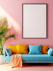 Luxury pink living space with plush colourful sofa, with a canvas on the wall, ideal for mock ups