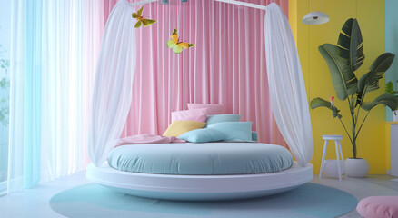 Romantic sweet bedroom in pastel light color with circular bed and white curtain.