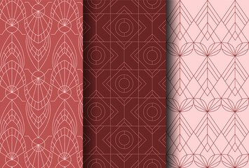 Decorative minimalistic patterns set. Brown, red and pink backgrounds with geometrical seamless patterns. Stylish design for wrapping papers. Elegance and aesthetics. Cartoon flat vector illustration