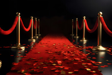 Awards show dark red carpet path with a golden barrier, celebrity's event realistic composition.