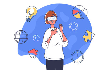 Gamification linear concept. Woman in VR glasses. Modern technologies and innovations. Metaverse and cyberspace, virtual reality. Doodle flat vector illustration isolated on white background
