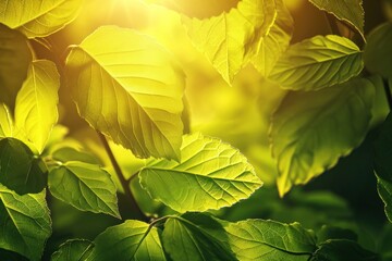 Fototapeta premium green leaves in the sun background, Translucent and fresh, each leafy expanse breathes out oxygen, contributing to a serene and peaceful environment