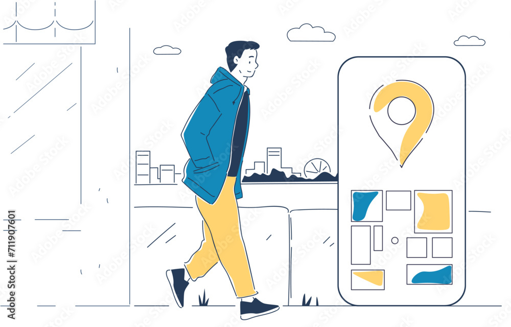 Aufkleber geolocation linear concept. man walk at city street with smartphone with map. address and route, nav