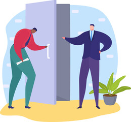 Woman struggling to open a large safe door, man in a suit gesturing, office setting. Difficult task and corporate challenge vector illustration.
