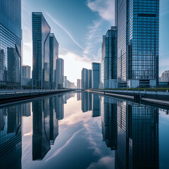 Fototapeta na wymiar Skyscrapers reflecting in a calm city river