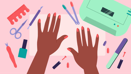 Girl does her nails concept. Woman with manicure. Character with scissors and polish. Beauty procedures. Elegance and aesthetics. Person apply cosmetic at fingernails. Cartoon flat vector illustration