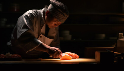 A skilled chef prepares seafood in a commercial kitchen with expertise generated by AI