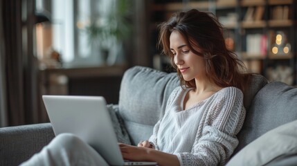 Naklejka premium Beautiful young woman doing business activities using realistic laptop computer isolated on living room background for clean and professional look working at home