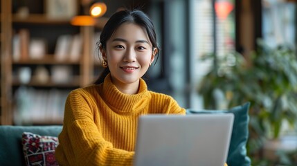 Beautiful young woman doing business activities using realistic laptop computer isolated on living room background for clean and professional look working at home