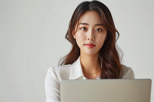 Young Asian woman engaged in business activities, utilizing a realistic laptop computer. Isolated on a white background for a clean and professional appearance