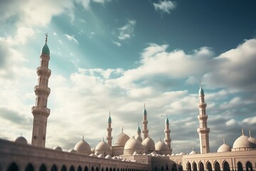 Fototapeta na wymiar Cloudy sky above Nabawi Mosque in Madinah, Saudi Arabia. Selective focus. Generative AI